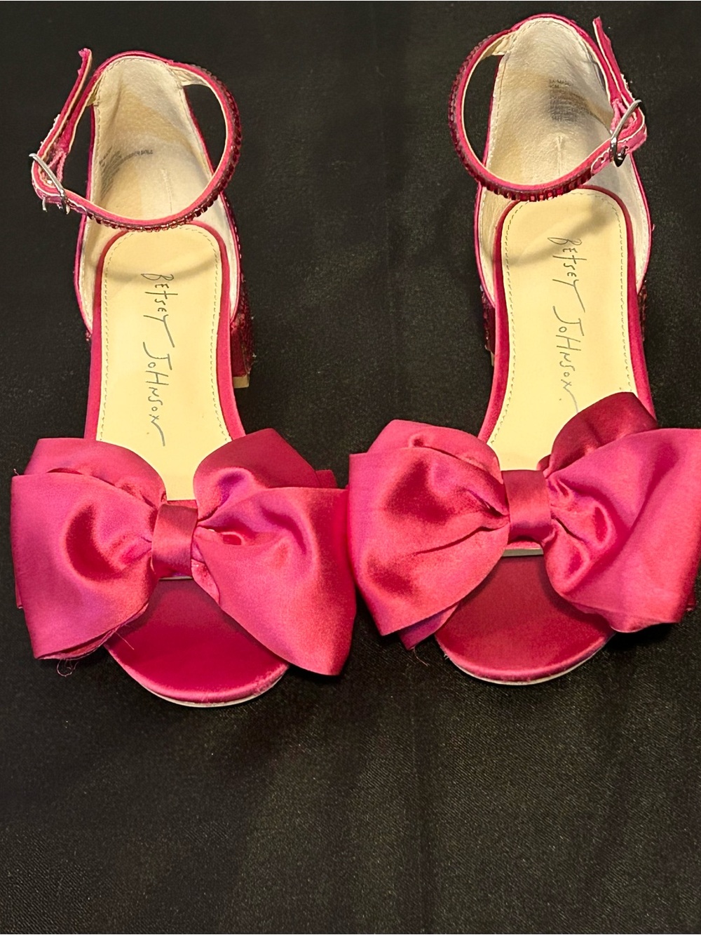 Betsey Johnson Hot Pink Satin Bow Ankle-Strap Heels. Girls heels size 13